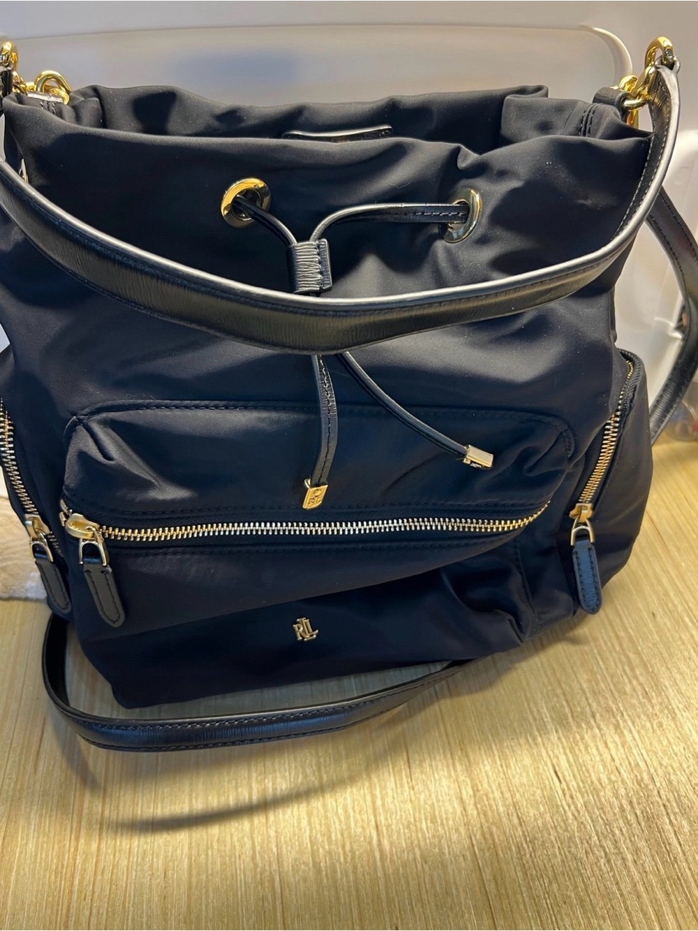 Ralph Lauren Black Nylon Drawstring Backpack with Gold Hardware